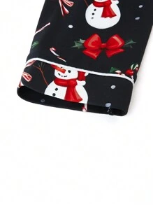 SHEIN LUNE Plus Size Christmas Theme Print Front Button Long Sleeve Top And Elastic Waist Pants 2 Pieces Set Fall Cloth For Women - Black - View 3