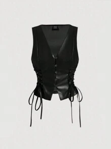 SHEIN MOD 大码女式 PU 皮革无袖短款背心，腰部收褶 - 黑色 - 查看 1