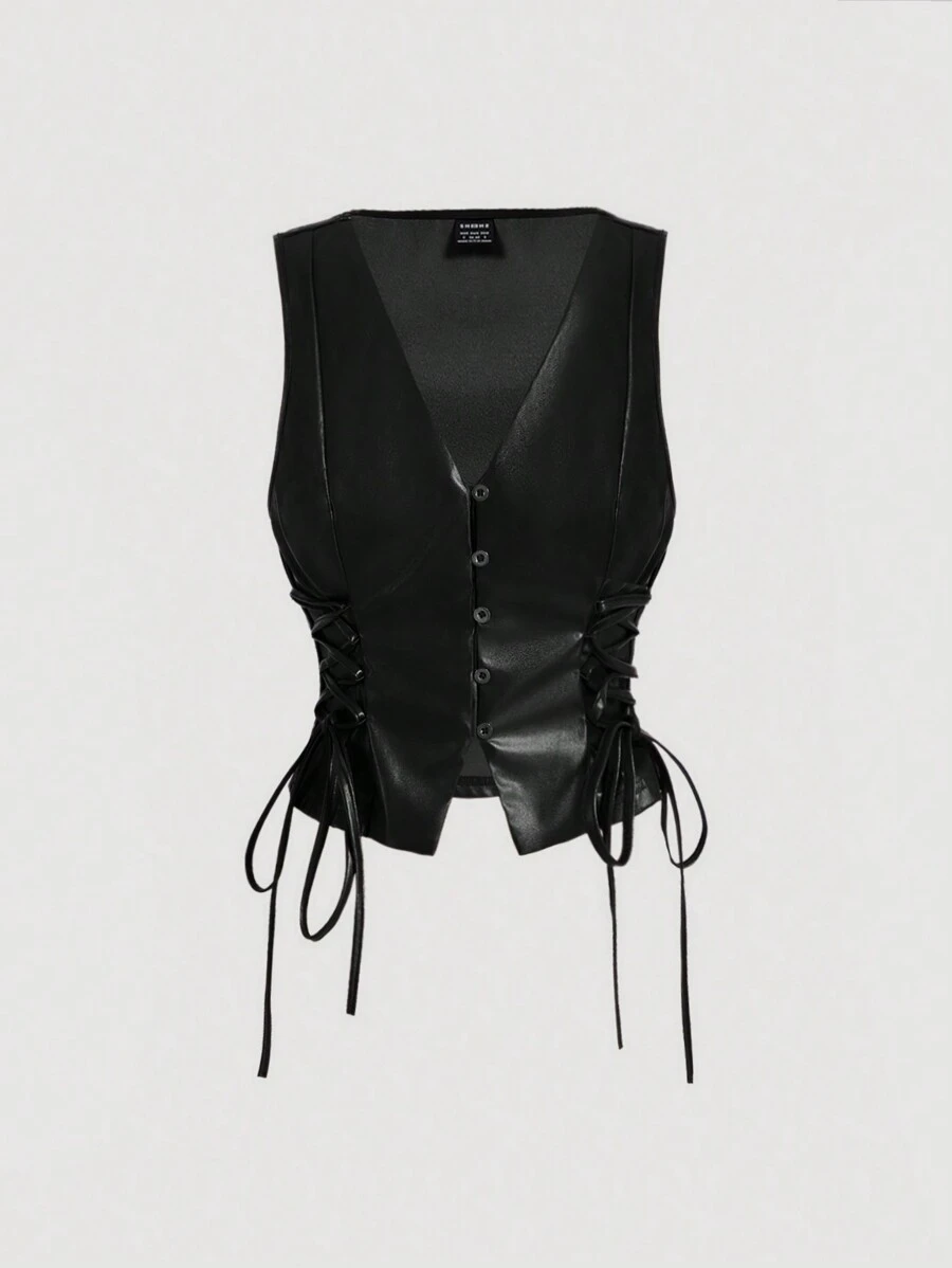 SHEIN MOD 大码女式 PU 皮革无袖短款背心，腰部收褶 - 黑色 - 查看 1