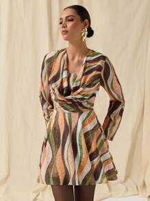 COSMINA 女式时尚撞色收腰长袖迷你连衣裙