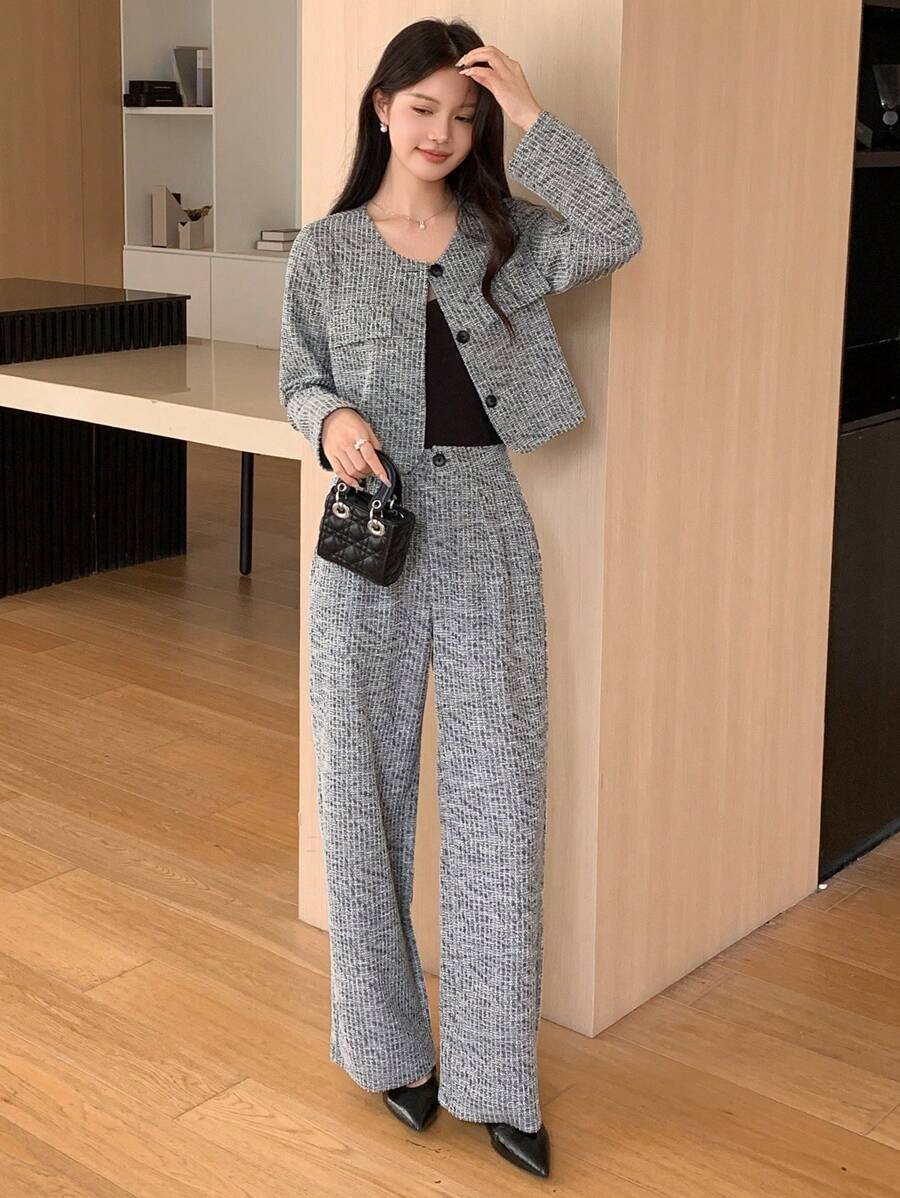DAZY 2pcs Women Elegant Commuting Set, Including Long Sleeve Single-Breasted Jacket And Pants, Autumn,Fall Women Clothes - Grey - View 1