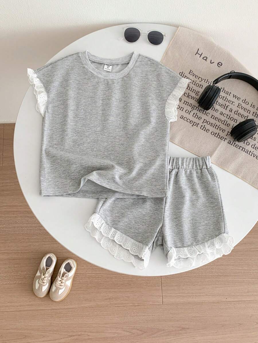 SHEIN 少女孔眼刺繡飾邊蝙蝠袖t恤和短褲 - 灰色 - 查看 1