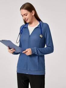TaskEZ Chaqueta casual de uniforme de atención médica con cremallera frontal, cuello alto y manga larga de un solo color