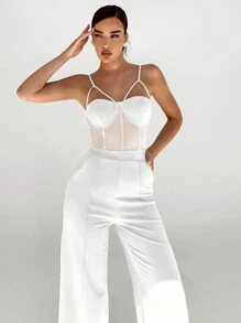 Aloruh 1 pieza Mono con tirantes finos de unicolor con efecto de calado y malla - Blanco - Ver 1