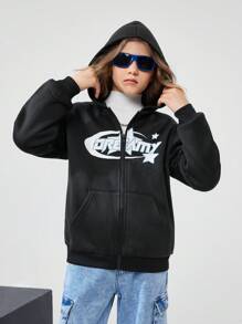 SHEIN Tween Girls' Black Letter Print Zip-Up Hoodie Sweatshirt In Fall/Winter