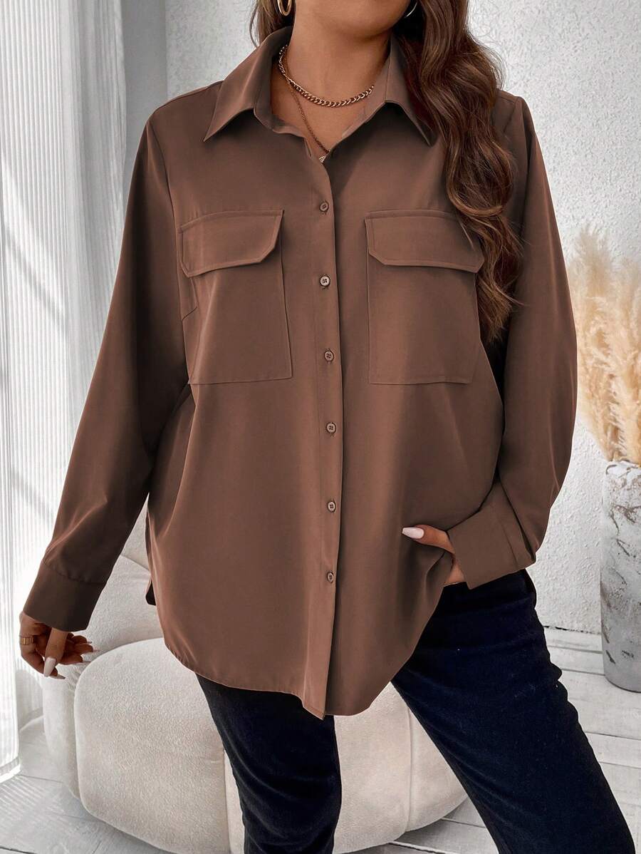 Vionelle Koszula z długim rękawem i kieszenią z przodu i w jednolitym kolorze plus size