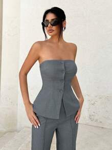 SHEIN Tall Women's Strapless Suit Set, Grey, For Office Wear & Teacher Outfits - Dark Grey - View 4