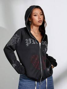 Flirla Reflective English Graphic Hooded Zip-Up Long Sweatshirt