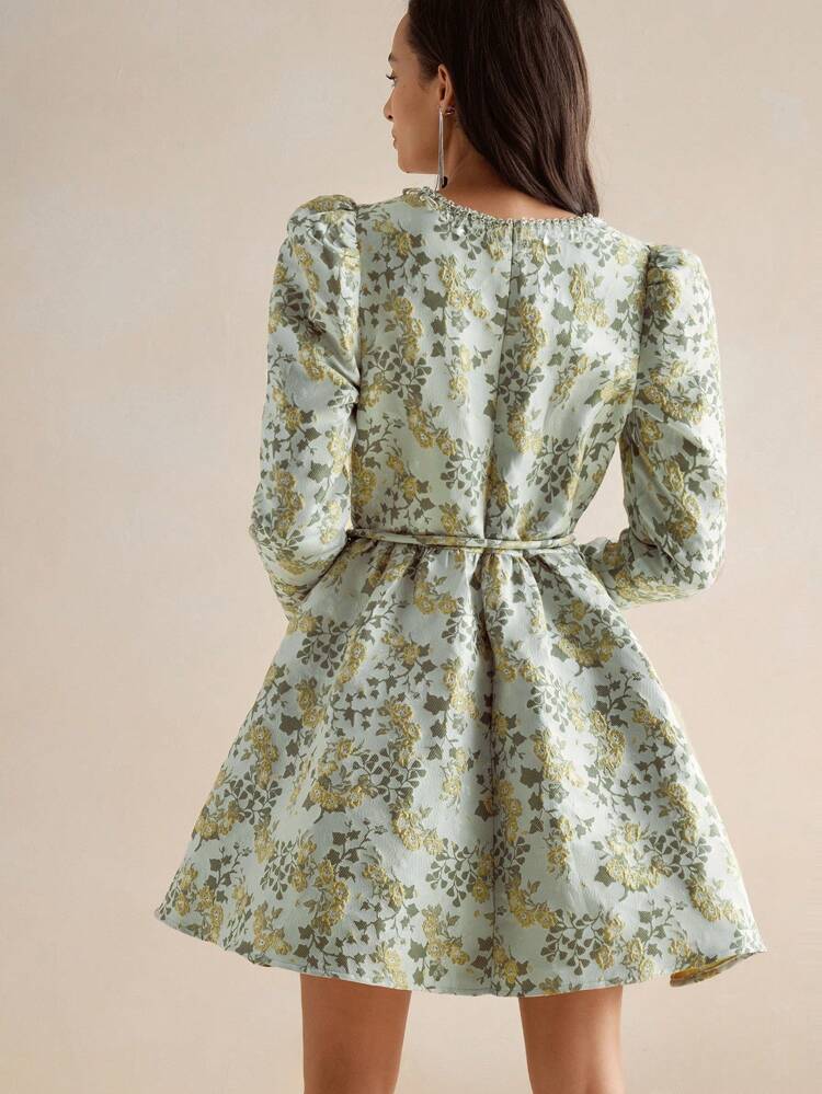 Women's Cinched Waist A-Line Long Sleeve Mini Dress