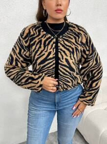 Calvaya Plus Size All-Over Print Winter Casual Long Sleeve Fluffy Jacket - Brown - View 6