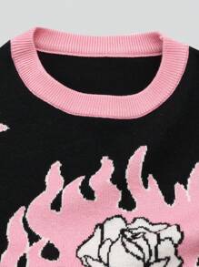 Teen Girl Street Style Flaming Rose Graphic Knit Pullover Sweater, Fashionable For Outing, Party, Photo Shoot - Multicolor - View 8