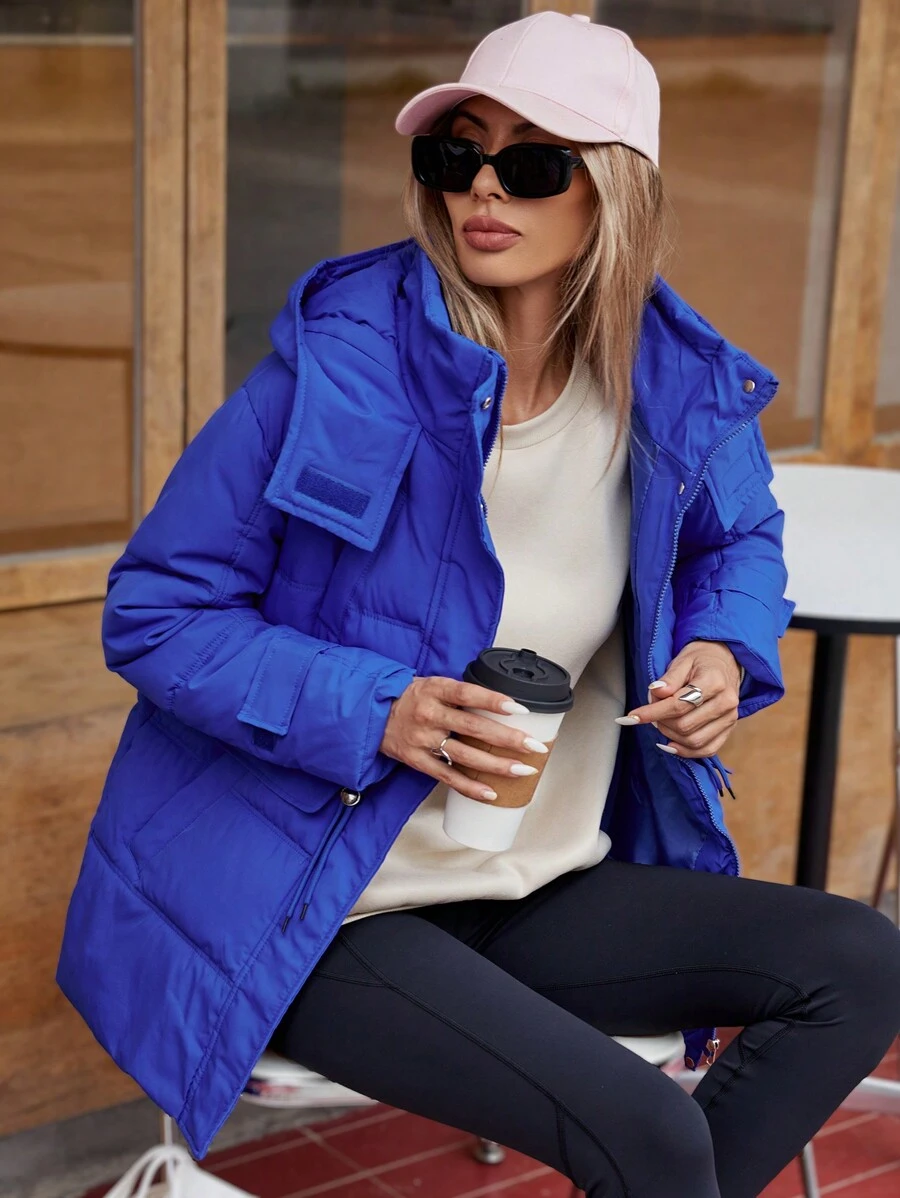 GENKIRA 女士亮色宽松连帽中长抽绳设计经典时尚秋冬服装加垫保暖聚酯纤维合成保暖冬季外套冬季夹克外套 - 藍色 - 查看 1