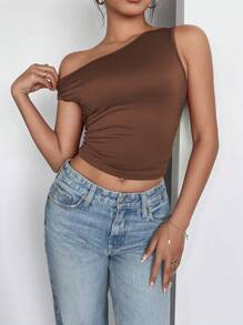 INAWLY Women's Summer Solid Color Ruched Fitted Stylish Asymmetric Shoulder Top - Brown - View 6