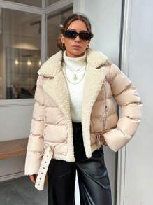 EURMUSE Contrast Collar Teddy Patchwork Snap Button Padded Coat Keeping Warm - Beige - View 2