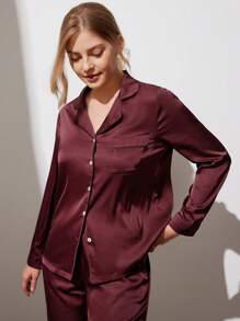 LUVLETTE Weihnachts- und Neujahrspyjamas Herbst und Winter Rot & Burgund Grundlegende Satin Einfarbig Knopf-Oben Pyjama & Loungewear Sets für Frauen Pyjama Sets für Frauen Herbst Pyjamas Kleidung