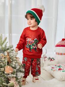 SHEIN 2pcs/Set Baby Boys Christmas Dinosaur Pattern Thermal Lined Sweatshirt And Joggers Set - Burgundy - View 1