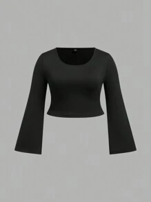 Flirla Plus Size Solid Color Crew Neck Long Sleeve Cropped Top, Casual Daily Wear