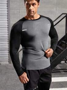 Manfinity Sport Corelite 撞色圆领男友风男式长袖运动 T 恤 - 淺灰色 - 查看 3