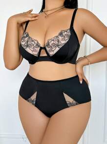 2 piezas Conjunto de lencería sensual y encantador con bordado y empalmado en talla grande