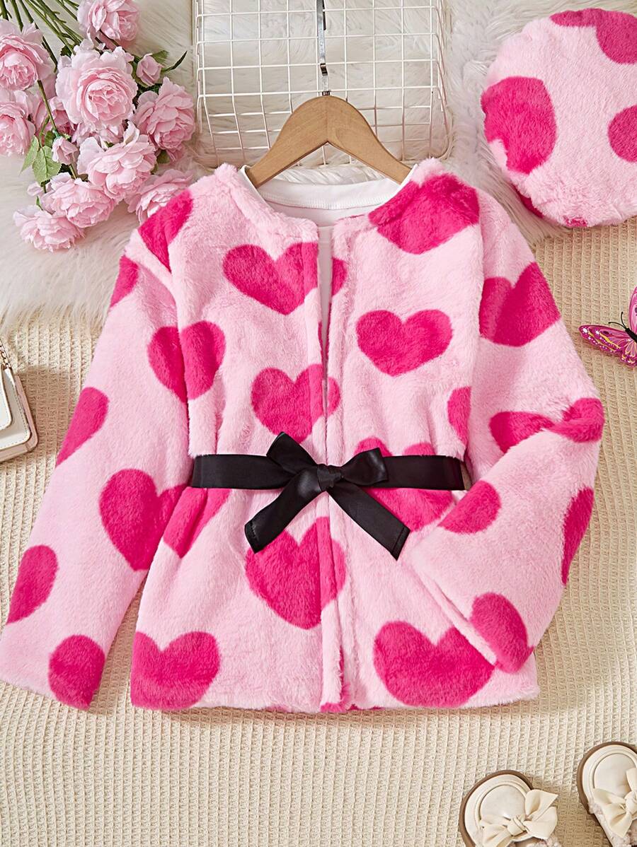 Tween Girl Heart Pattern Jacket With Black Belt And Furry Hat, Autumn/Winter - Multicolor - View 1