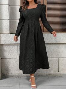 Flirla 大码女式优雅方领泡泡袖提花提花连衣裙，春秋季长款女装 - 黑色 - 查看 3