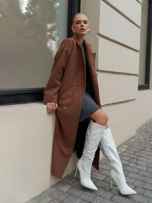SHEIN Cottnline Oversize Exstra Long Overcoat For Spring & Autumn - Brown - View 8