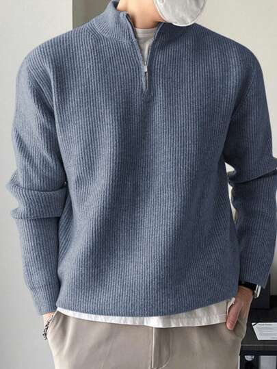 DAZY 男士休闲纯色拉链半开襟罗纹针织毛衣，秋冬四分之一拉链男款
