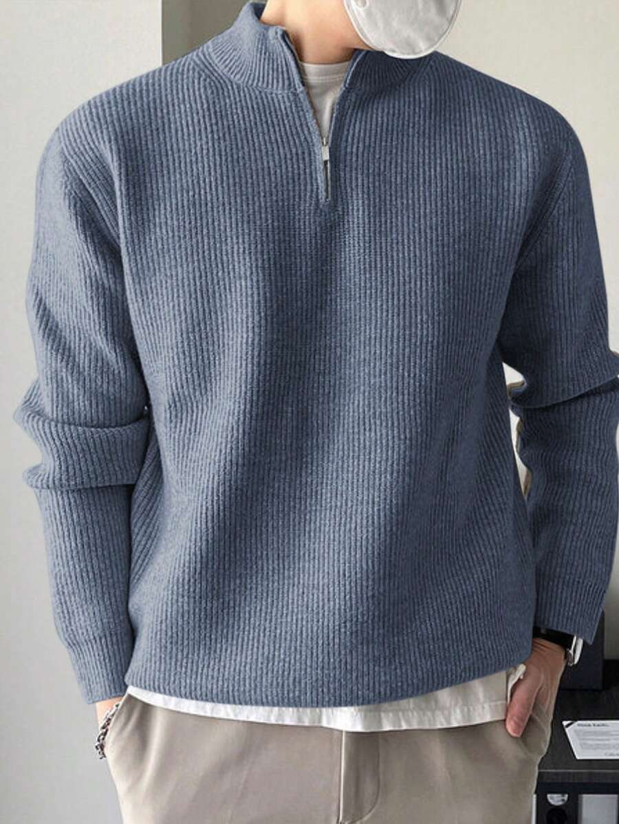 DAZY Suéter de punto con media cremallera y cuello de canalé de unicolor casual para hombres, cuarto de cremallera para otoño/invierno - Azul - Ver 1