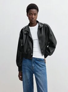 BizChic 黑色PU皮机车夹克，女士休闲长袖，适合派对、办公穿着，春夏圣诞节皆宜。 - 黑色 - 查看 7