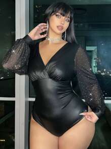 Allurite Plus Size V-Neck Ruched Mesh Sequins Lantern Sleeve Sexy Sheer Bodysuit For Party
