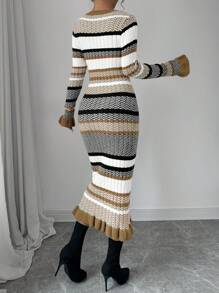 Chiquease 圆领长袖条纹简约休闲长裙 - 銅色 - 查看 2