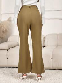 Modelyn Women Solid Color High Waist Slim Flared Leg Office Pants - Khaki - View 2