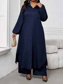 SHEIN Lady 秋冬休闲优雅工作海军蓝梭织衬衫领主教袖口袋长袖加大码套装 - 藏蓝色 - 查看 1