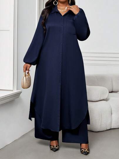 SHEIN Lady 秋冬休闲优雅工作海军蓝梭织衬衫领主教袖口袋长袖加大码套装