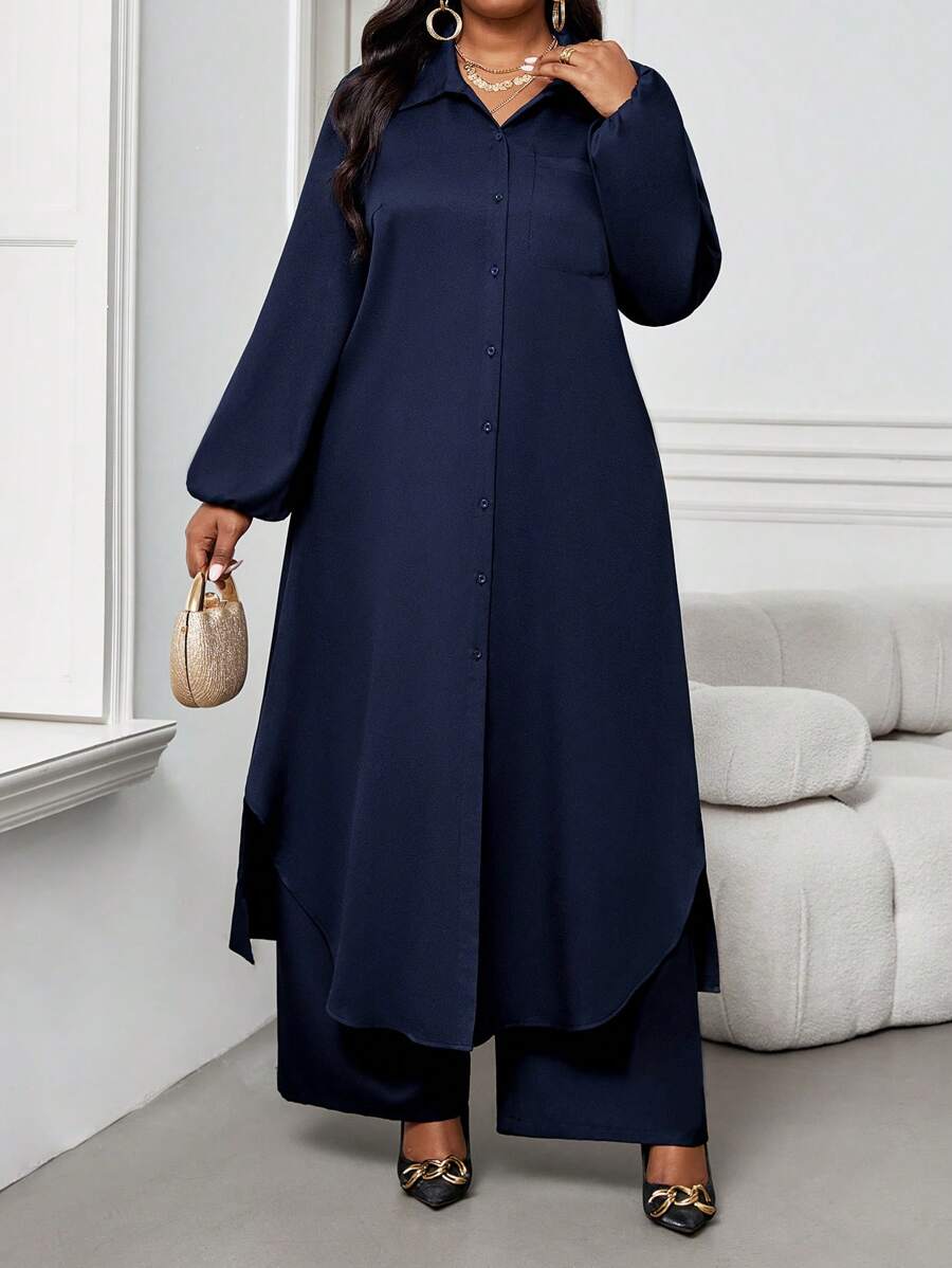 SHEIN Lady 秋冬休闲优雅工作海军蓝梭织衬衫领主教袖口袋长袖加大码套装 - 藏蓝色 - 查看 1