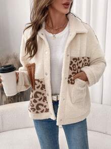 SHEIN Clasi Women's Fashion Elegant Leopard Print Patchwork Metal Buckle Faux Shearling Jacket - Multicolor - View 5