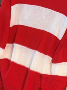 SHEIN LUNE Plus Size Women Striped Patchwork Fluffy Knit Sweater Knit Pullover Fall Winter - Red - View 6