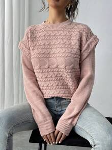 Chiquease 时尚欧美复古休闲宽松针织圆领套头衫3D扭绳设计，秋冬 - 藕粉色 - 查看 6