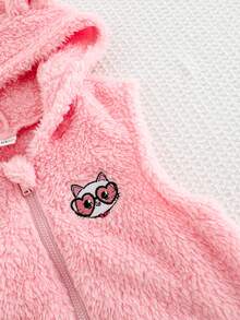 SHEIN Bộ 3 áo khoác trùm đầu họa tiết mèo hồng dễ thương cho bé gái, áo nỉ và quần họa tiết hoạt hình nhiều màu, nhung ấm áp, mùa thu/đông - Hồng - Xem 5