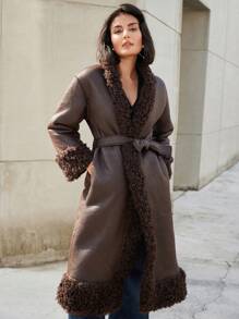 Femmeiva Women's Thick Long Sherpa Fleece Robe Coat With Waist Belt, Soft & Cozy, Regular Fit, Winter - Black - View 3