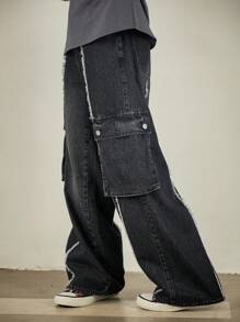 DAZY Jeans cargo holgados con bolsillo con solapa de borde crudo, estilo urbano, para otoño