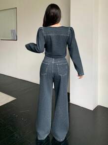 DAZY 2pcs Vintage Washed & Distressed Denim Top And Straight Leg Jeans Set For Women,Back To School Clothes Fall/Winter - Dark Wash - View 5