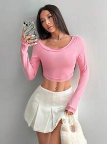 Flirla Pink Oversized Scoop Neck Ruffle Trim Cropped Hem T-Shirt Undershirt, Long Sleeve