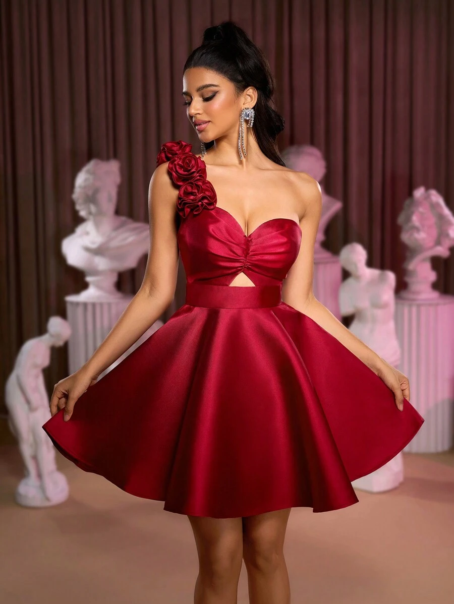 Lovelzi Vestido elegante, lujoso y adorable con volantes de satén, con efecto de flor 3D en el hombro, bajo alto y bajo en color rojo borgoña, adecuado para bodas, fiestas, graduaciones, bailes de promoción (con aplicaciones) - Burdeos - Ver 1