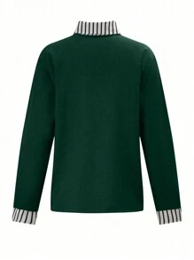 SHEIN LUNE 拼接條紋釦扣半衣襬長袖休閒襯衫 - 綠色 - 查看 2