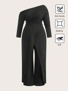 SHEIN Clasi Plus Size Asymmetric Collar Long Sleeve Split Overall In Solid Color