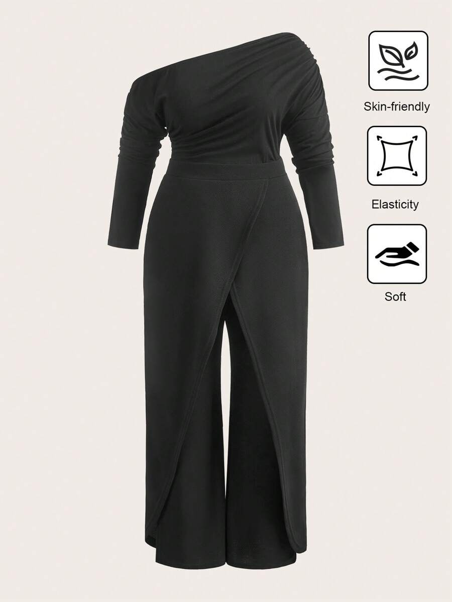 SHEIN Clasi Plus Size Asymmetric Collar Long Sleeve Split Overall In Solid Color