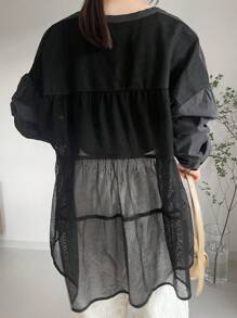 FRIFUL Women's Casual Mesh Contrast Loose Fit Blouse For Autumn,Ruffle - Black - View 4
