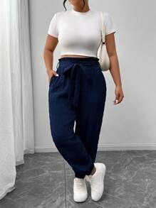 SHEIN Frenchy Pantalones holgados de talla grande para mujer de diseño con lazo en la cintura, de moda informal y transpirables, en azul marino/azul zafiro