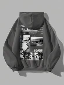 SHEIN CURVE+ 大码标语椰子树图案印花连帽衫，秋冬宽松大码女式运动衫寻找棕榈树最美的风景在攀登最高处之后挑战自己